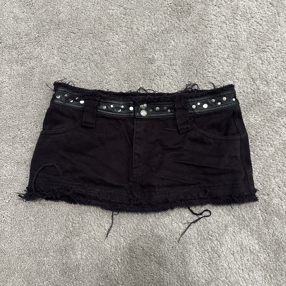 Psylo Denim Black Short Skirt Studded Frayed Size 30 Womens